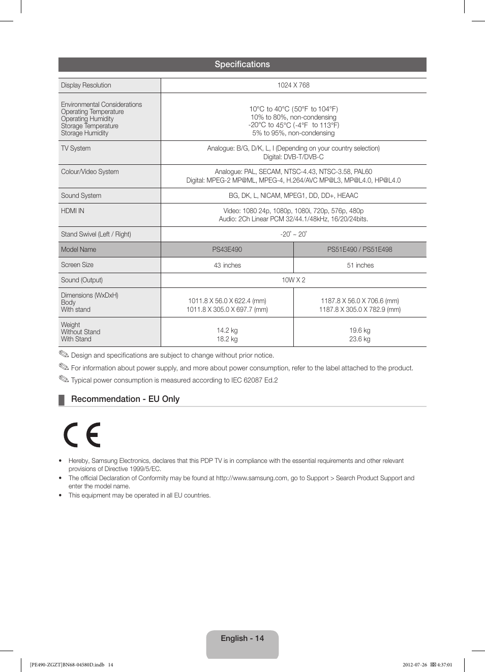 Samsung PS43E490B1W User Manual | Page 14 / 59