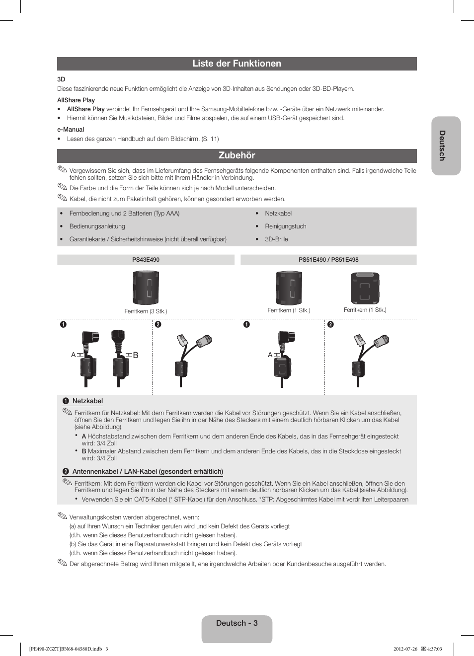 Liste der funktionen, Zubehör | Samsung PS43E490B1W User Manual | Page 17 / 59