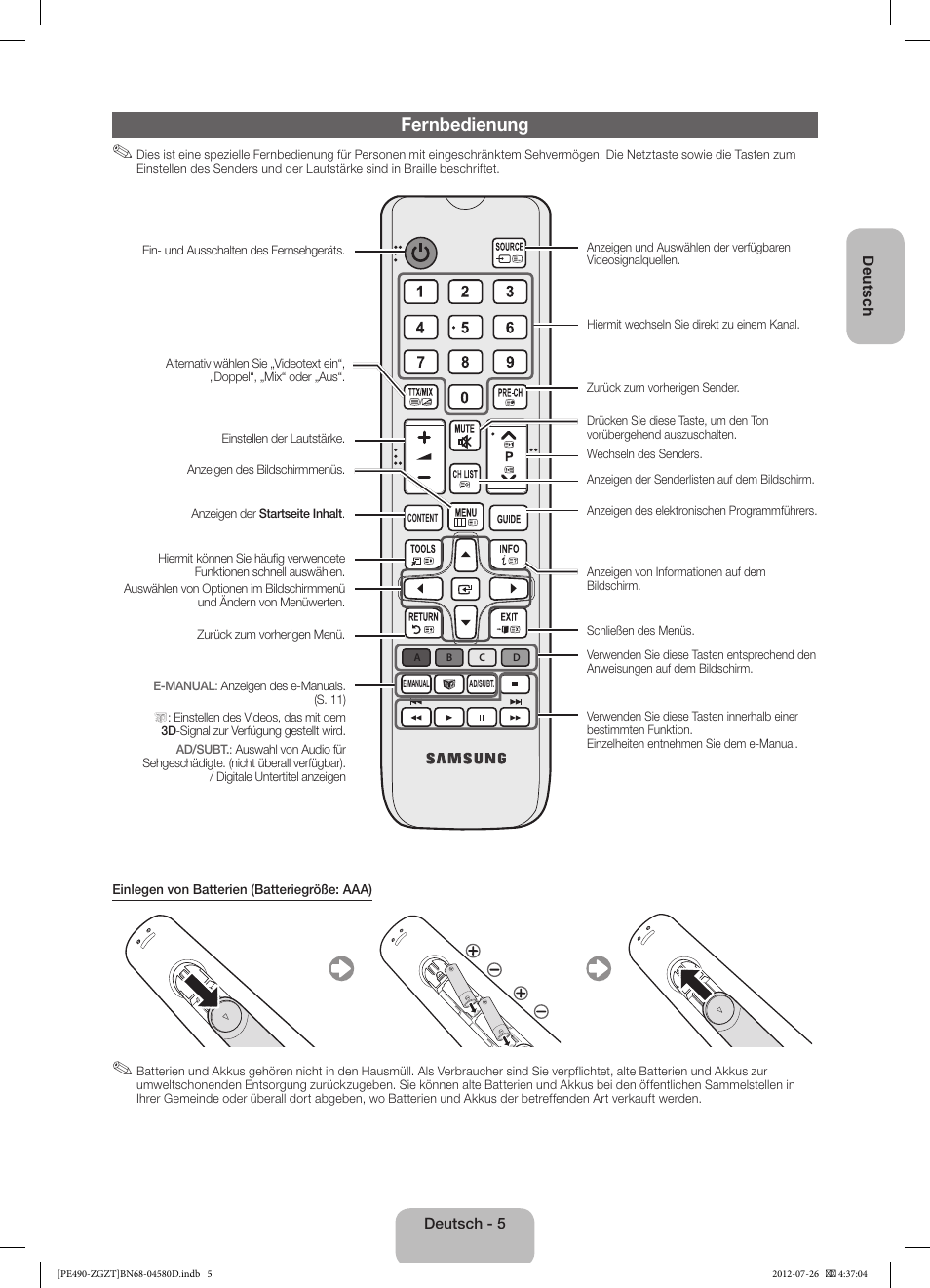 Fernbedienung | Samsung PS43E490B1W User Manual | Page 19 / 59