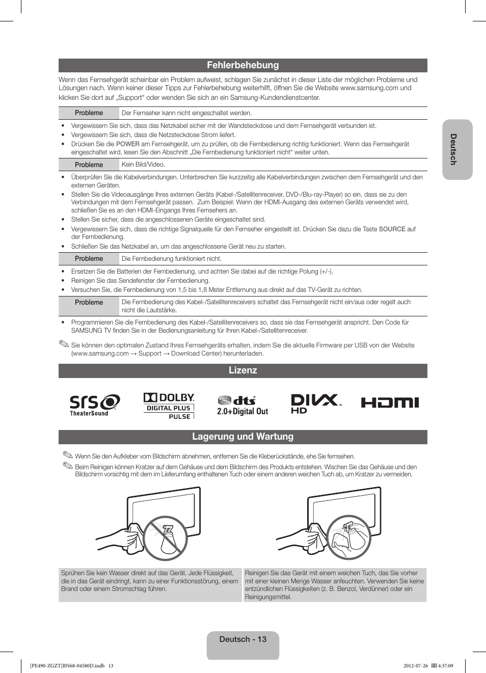 Fehlerbehebung, Lizenz lagerung und wartung | Samsung PS43E490B1W User Manual | Page 27 / 59