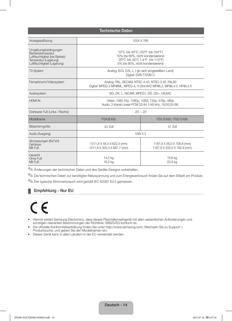 Samsung PS43E490B1W User Manual | Page 28 / 59