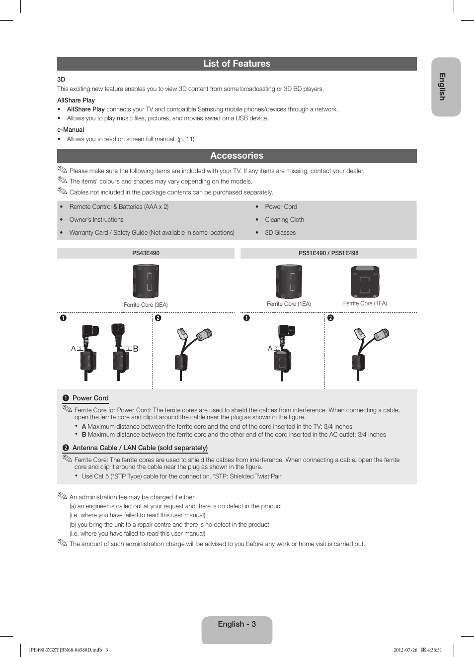 Samsung PS43E490B1W User Manual | Page 3 / 59
