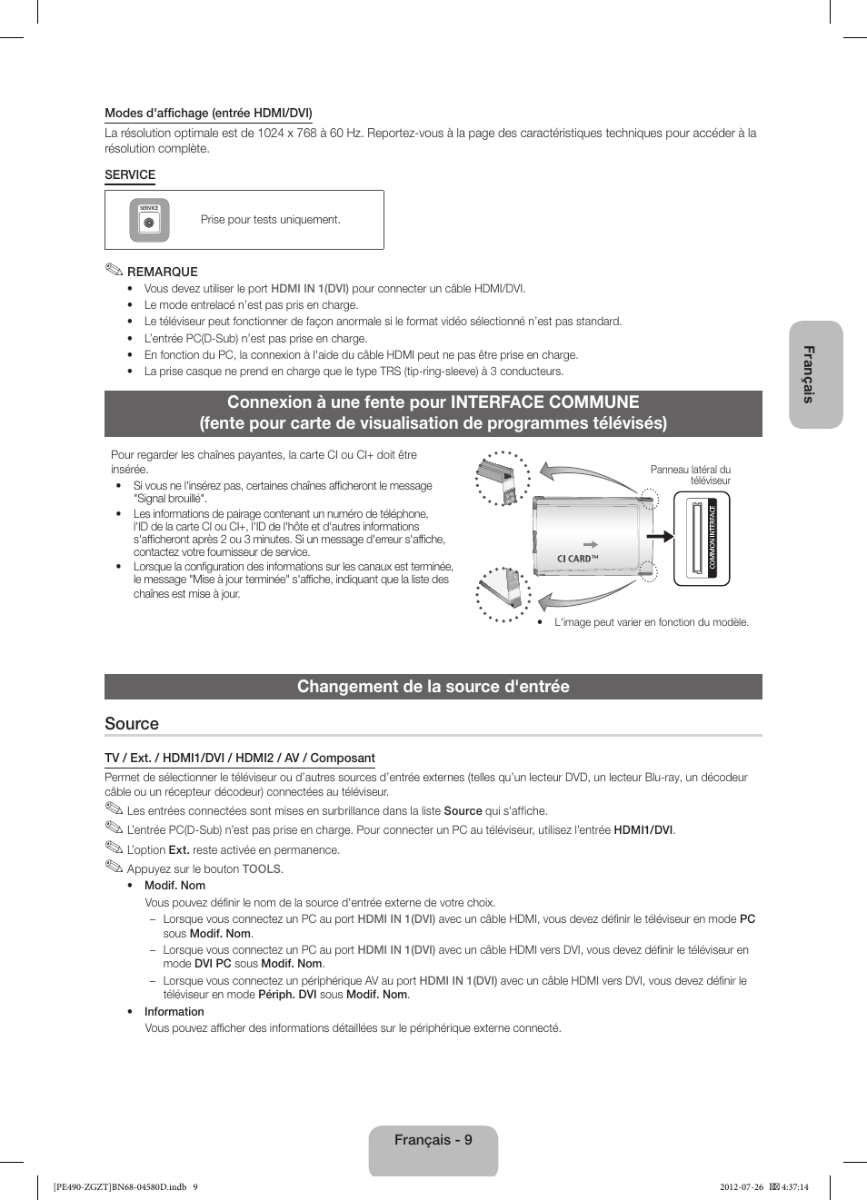 Changement de la source d'entrée source | Samsung PS43E490B1W User Manual | Page 37 / 59