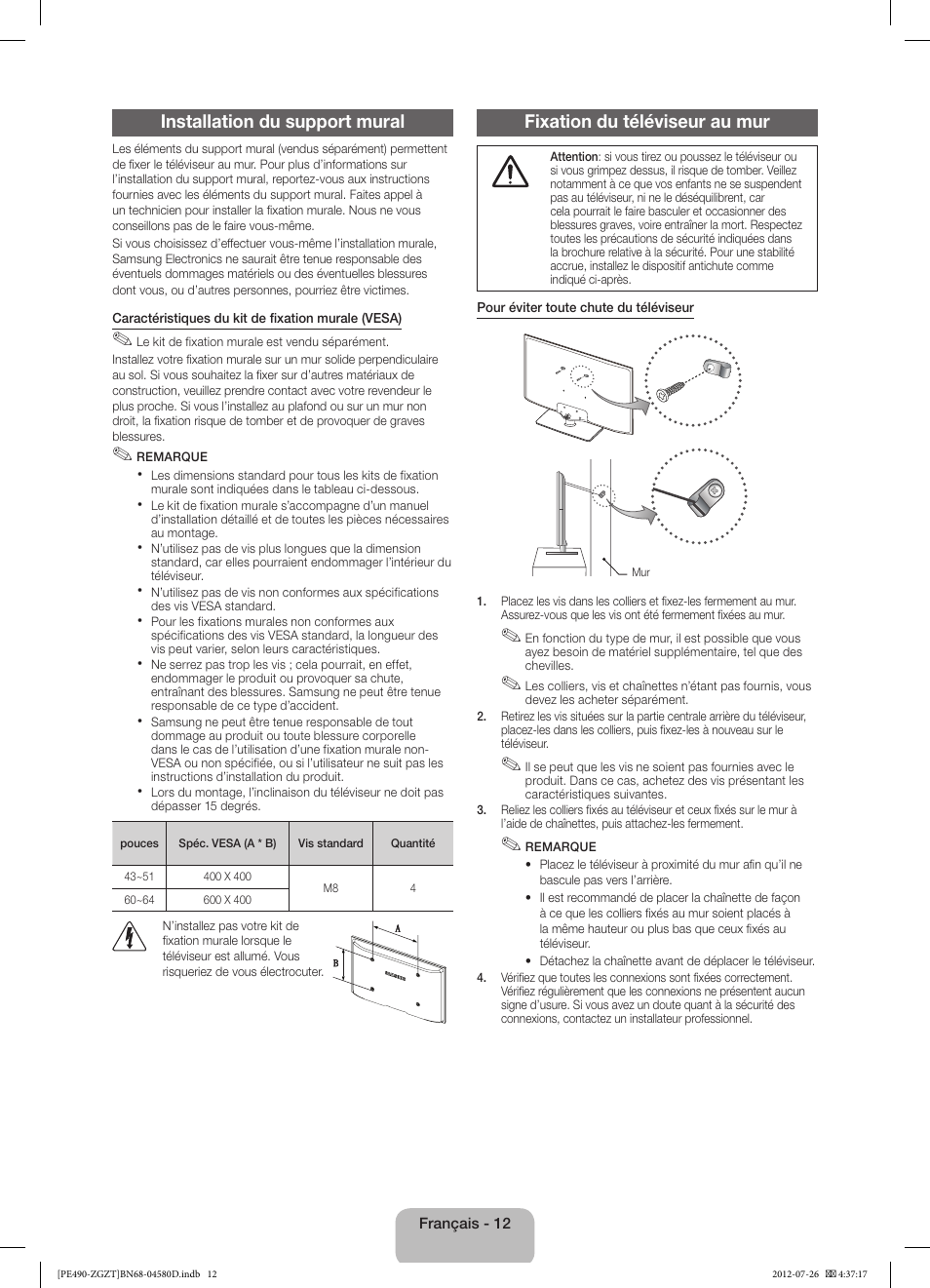 Installation du support mural, Fixation du téléviseur au mur | Samsung PS43E490B1W User Manual | Page 40 / 59