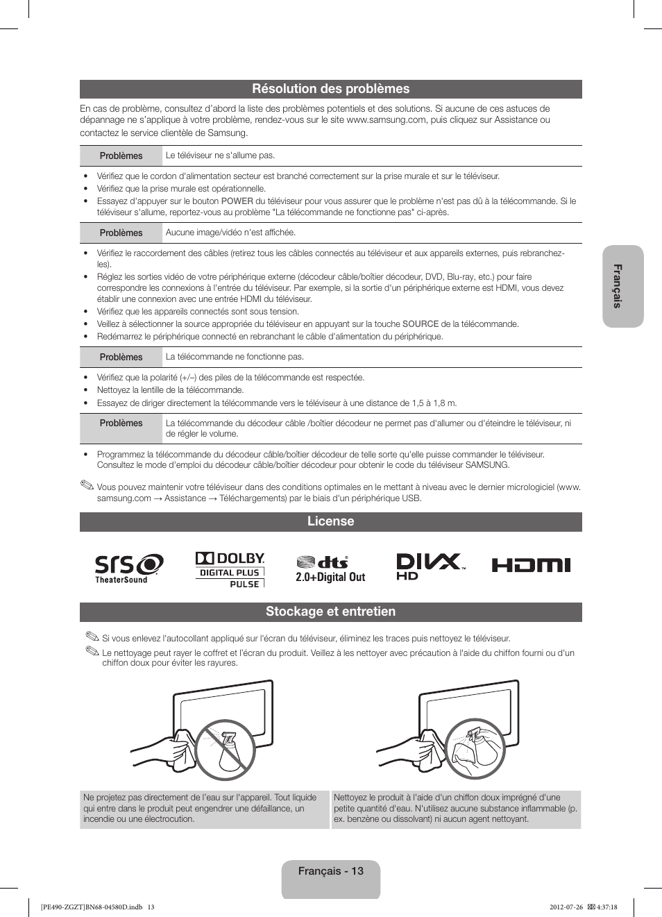 Résolution des problèmes, License stockage et entretien | Samsung PS43E490B1W User Manual | Page 41 / 59