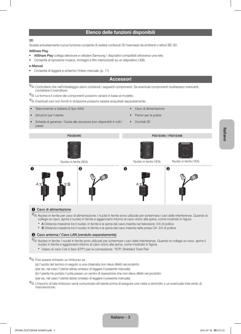 Elenco delle funzioni disponibili, Accessori | Samsung PS43E490B1W User Manual | Page 45 / 59