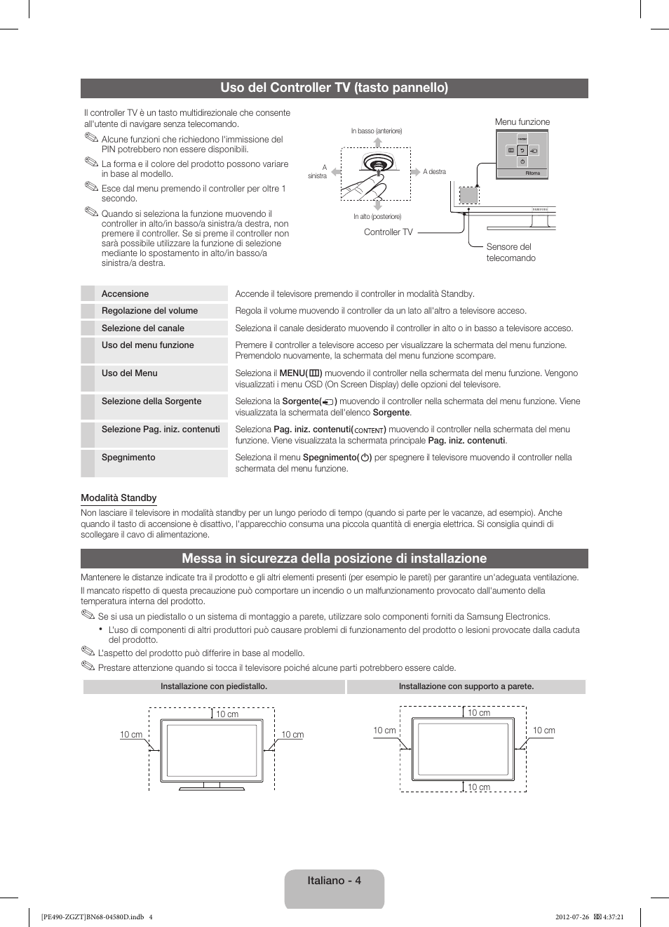 Uso del controller tv (tasto pannello) | Samsung PS43E490B1W User Manual | Page 46 / 59