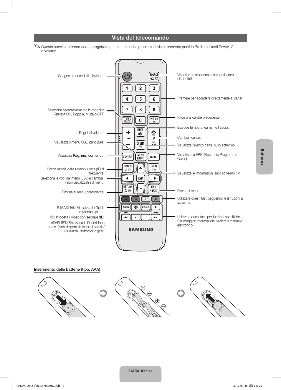 Vista del telecomando | Samsung PS43E490B1W User Manual | Page 47 / 59