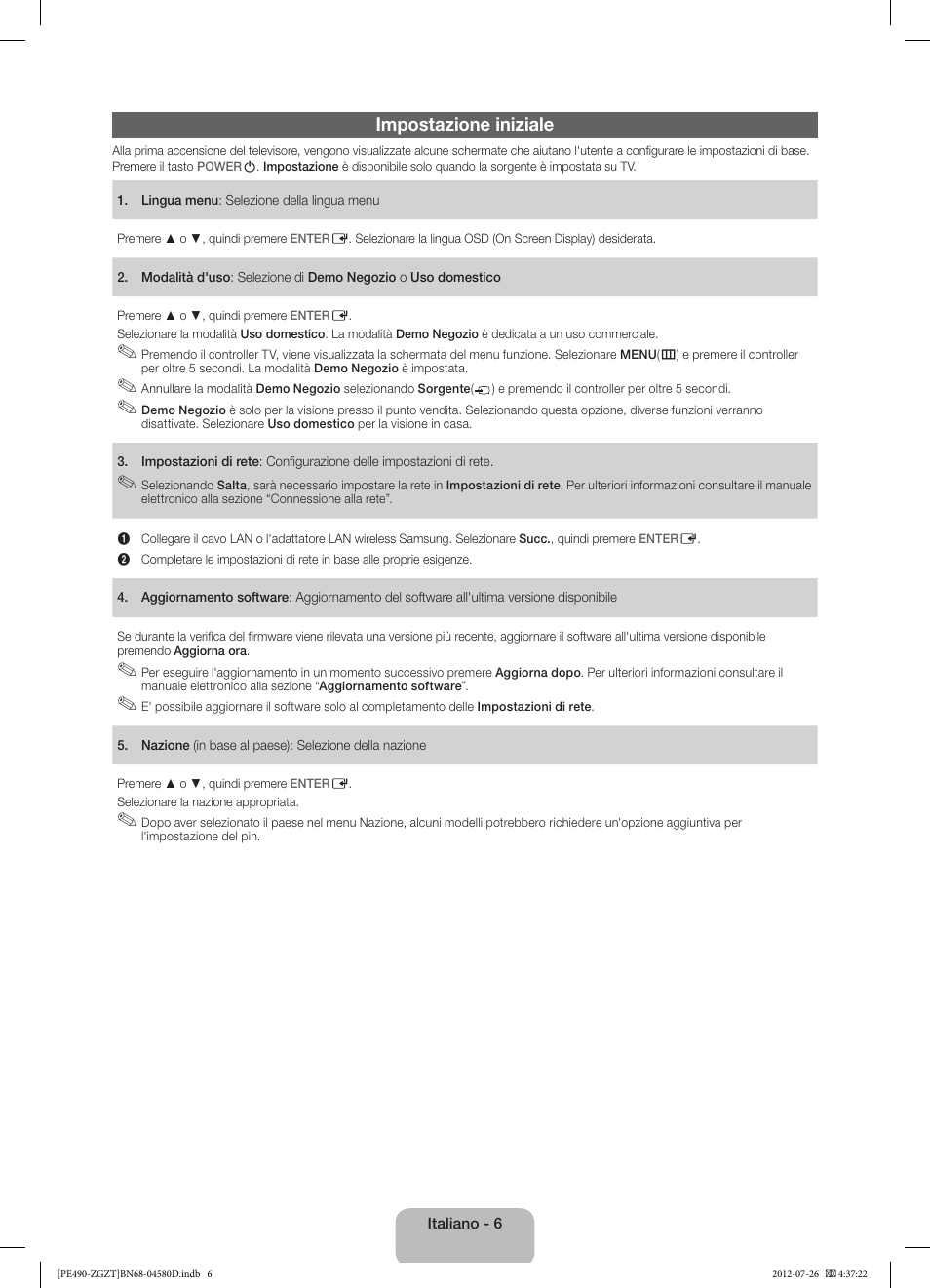 Impostazione iniziale | Samsung PS43E490B1W User Manual | Page 48 / 59