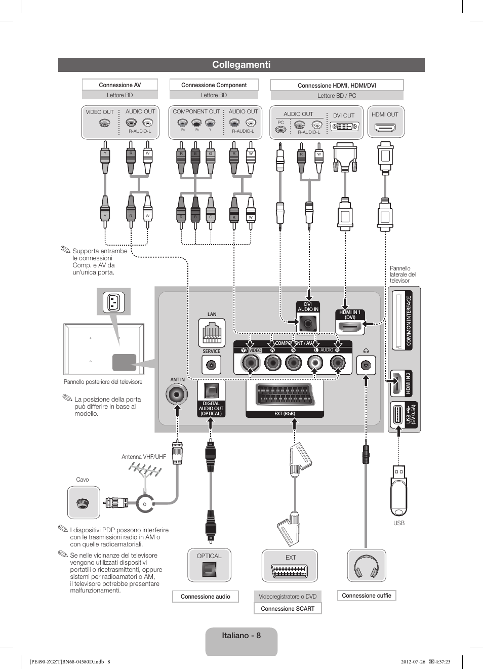 Collegamenti, Italiano - 8 | Samsung PS43E490B1W User Manual | Page 50 / 59