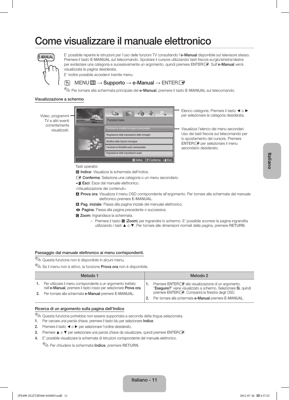 Come visualizzare il manuale elettronico | Samsung PS43E490B1W User Manual | Page 53 / 59