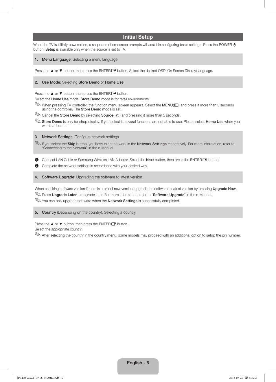 Initial setup | Samsung PS43E490B1W User Manual | Page 6 / 59