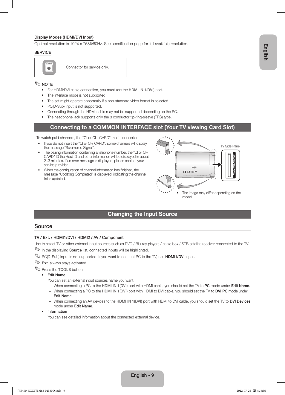 Changing the input source source | Samsung PS43E490B1W User Manual | Page 9 / 59