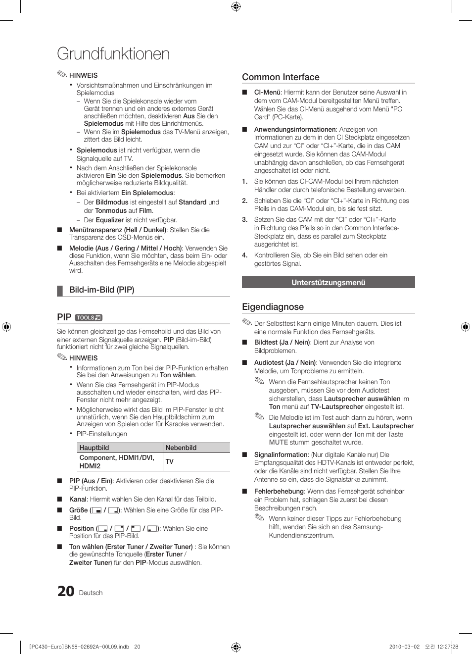 Grundfunktionen, Common interface, Eigendiagnose | Samsung PS50C430A1W User Manual | Page 100 / 361