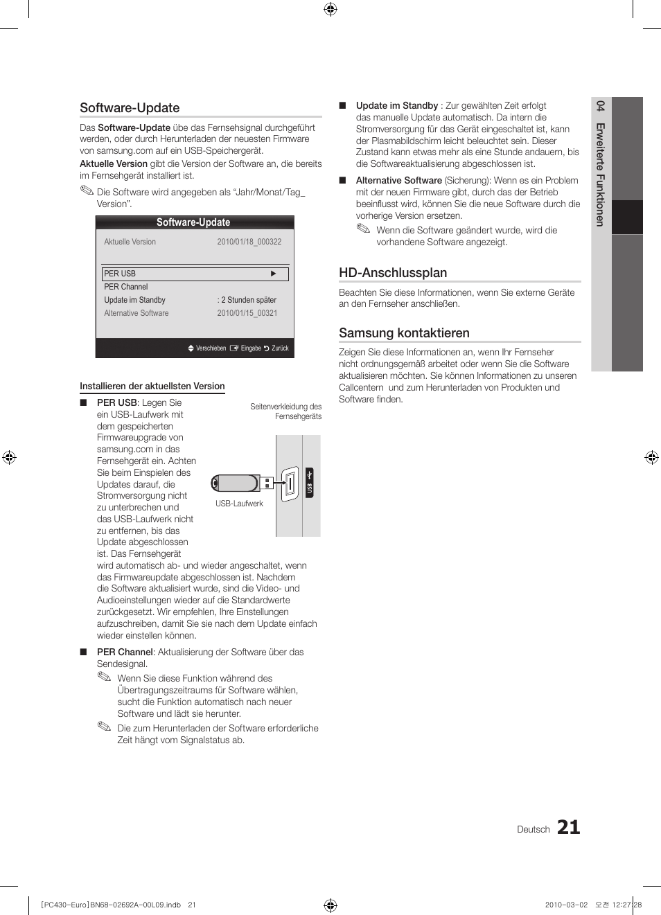 Software-update, Hd-anschlussplan, Samsung kontaktieren | Samsung PS50C430A1W User Manual | Page 101 / 361