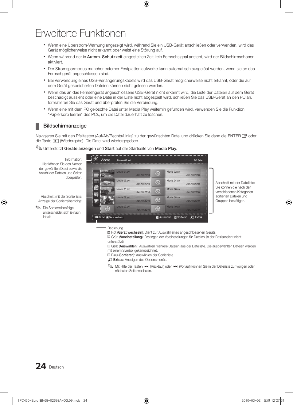 Erweiterte funktionen, Bildschirmanzeige | Samsung PS50C430A1W User Manual | Page 104 / 361