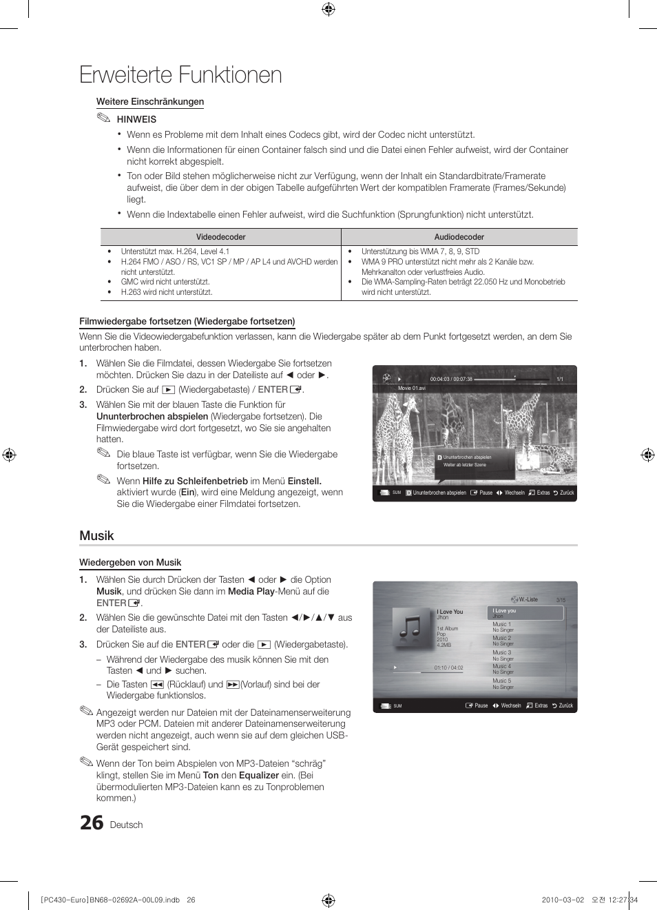 Erweiterte funktionen, Musik | Samsung PS50C430A1W User Manual | Page 106 / 361