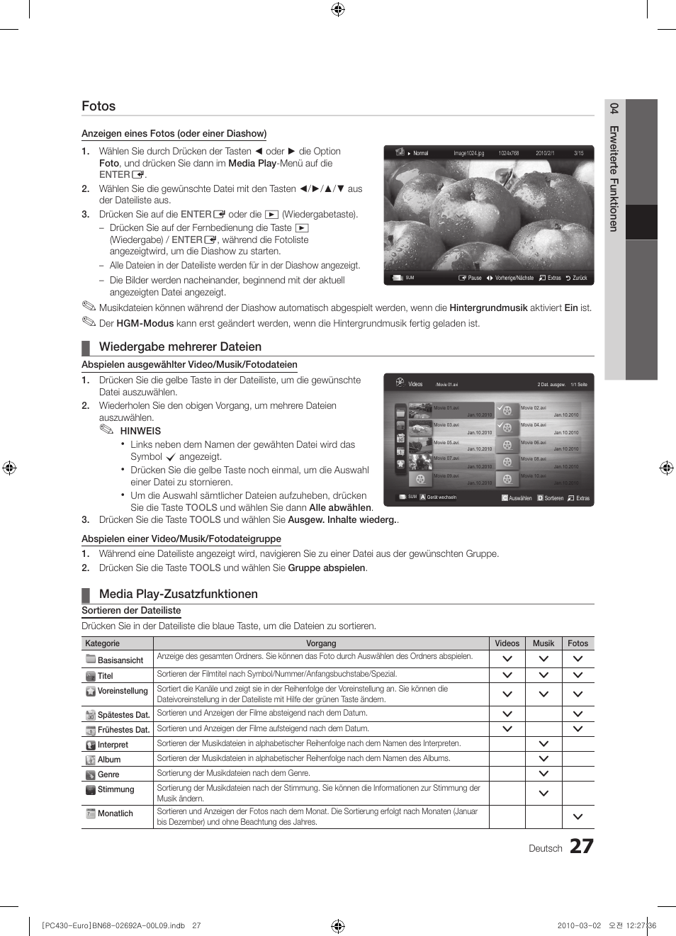 Fotos, Wiedergabe mehrerer dateien, Media play-zusatzfunktionen | Samsung PS50C430A1W User Manual | Page 107 / 361