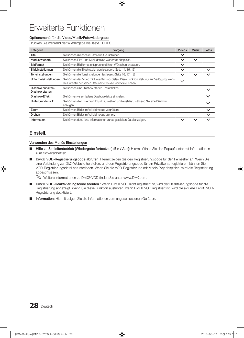 Erweiterte funktionen, Einstell | Samsung PS50C430A1W User Manual | Page 108 / 361