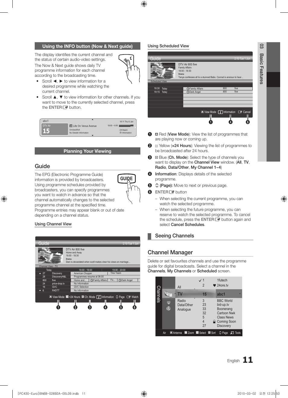Using the info button (now & next guide), Planning your viewing, Guide | Channel manager, Seeing channels, Channels | Samsung PS50C430A1W User Manual | Page 11 / 361