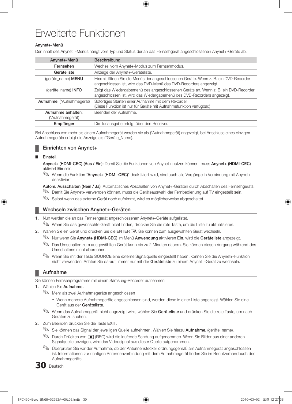 Erweiterte funktionen | Samsung PS50C430A1W User Manual | Page 110 / 361