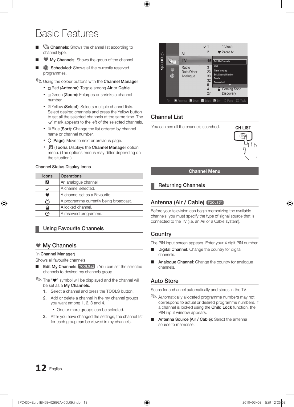 Channel menu, Basic features, My channels | Channel list, Antenna (air / cable), Country, Auto store | Samsung PS50C430A1W User Manual | Page 12 / 361