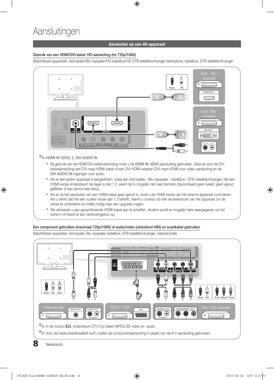 Aansluitingen, Aansluiten op een av-apparaat | Samsung PS50C430A1W User Manual | Page 128 / 361