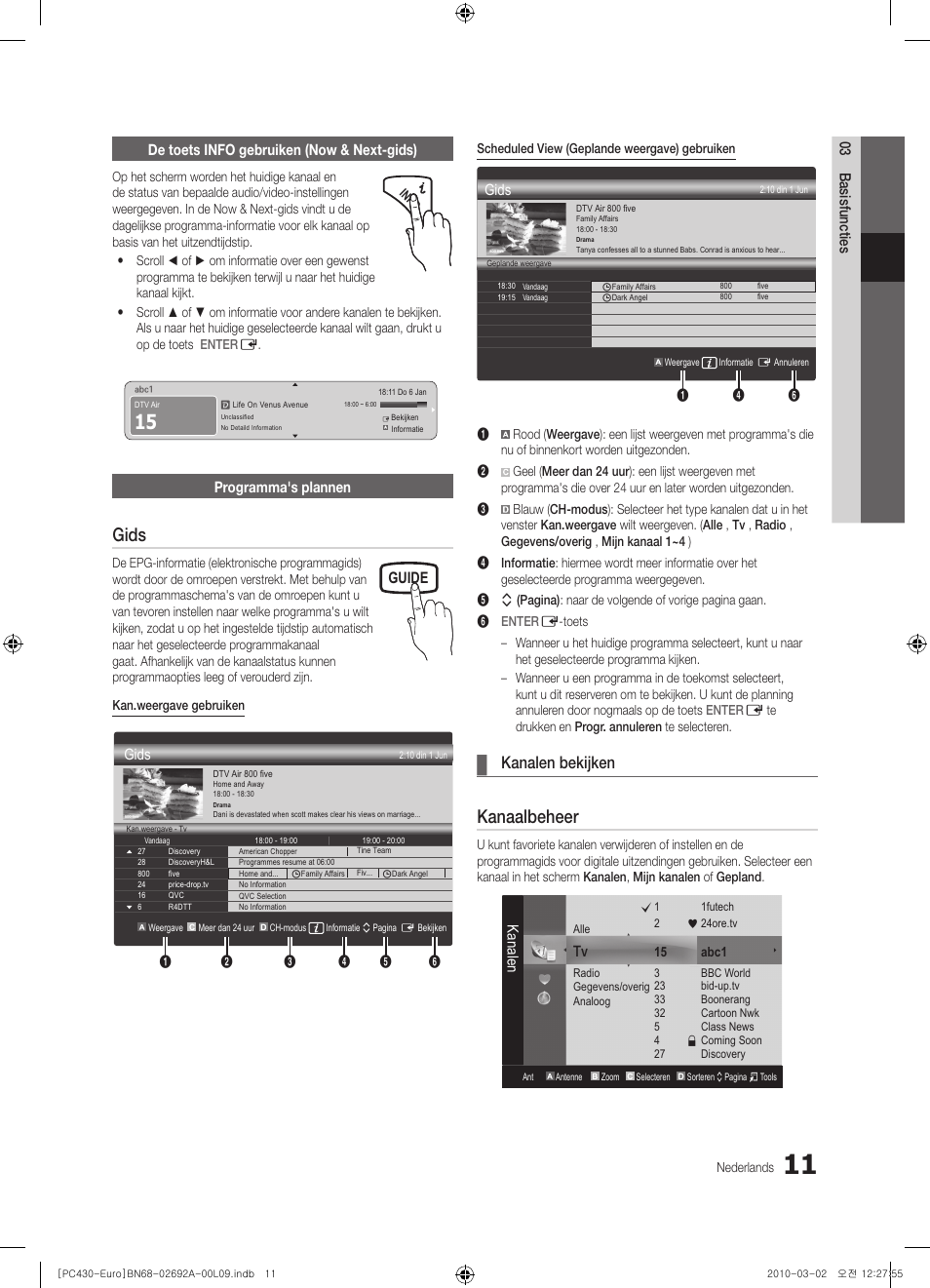 Gids, Kanaalbeheer, Kanalen bekijken | Guide, Programma's plannen, Kanalen | Samsung PS50C430A1W User Manual | Page 131 / 361