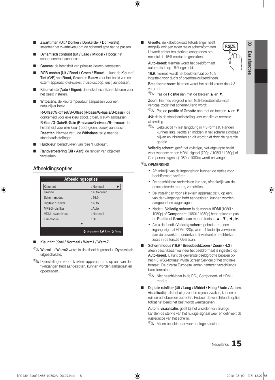 Afbeeldingsopties | Samsung PS50C430A1W User Manual | Page 135 / 361