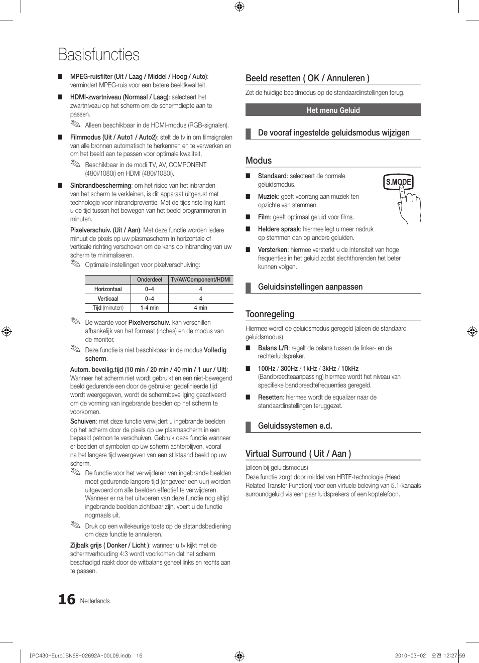 Basisfuncties, Beeld resetten ( ok / annuleren ), Modus | Toonregeling, Virtual surround ( uit / aan ) | Samsung PS50C430A1W User Manual | Page 136 / 361