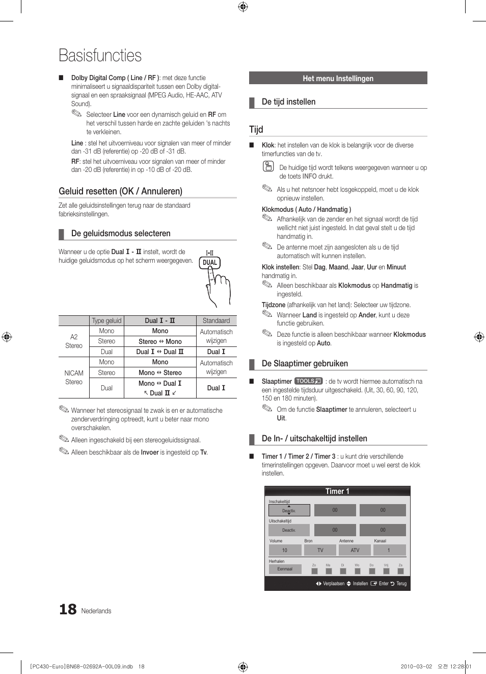 Basisfuncties, Geluid resetten (ok / annuleren), Tijd | Samsung PS50C430A1W User Manual | Page 138 / 361