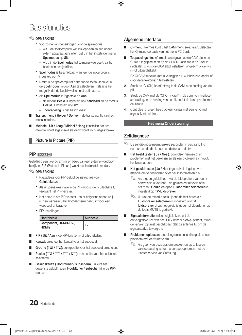 Basisfuncties, Algemene interface, Zelfdiagnose | Samsung PS50C430A1W User Manual | Page 140 / 361