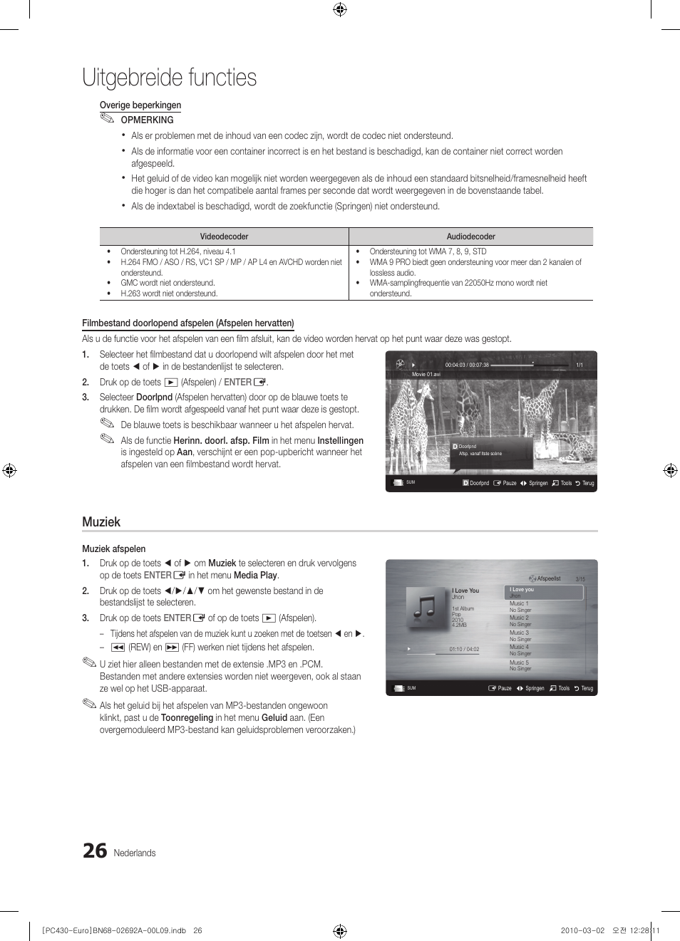 Uitgebreide functies, Muziek | Samsung PS50C430A1W User Manual | Page 146 / 361