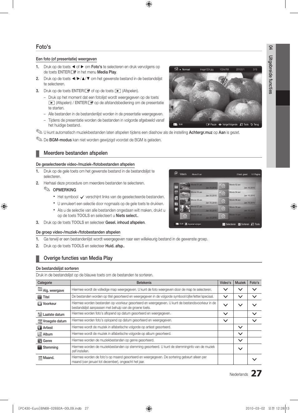 Foto's, Meerdere bestanden afspelen, Overige functies van media play | Samsung PS50C430A1W User Manual | Page 147 / 361