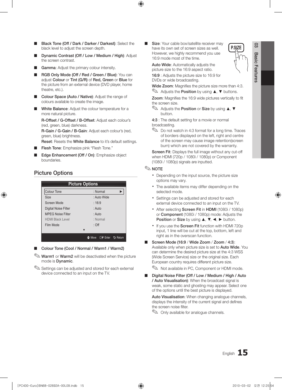 Picture options | Samsung PS50C430A1W User Manual | Page 15 / 361