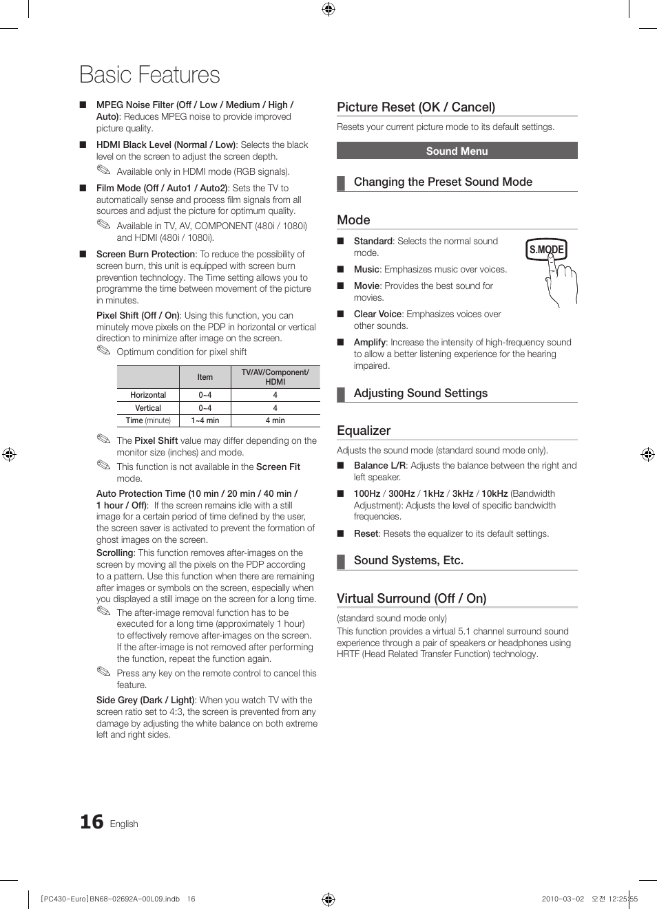 Sound menu, Basic features, Picture reset (ok / cancel) | Mode, Equalizer, Virtual surround (off / on) | Samsung PS50C430A1W User Manual | Page 16 / 361
