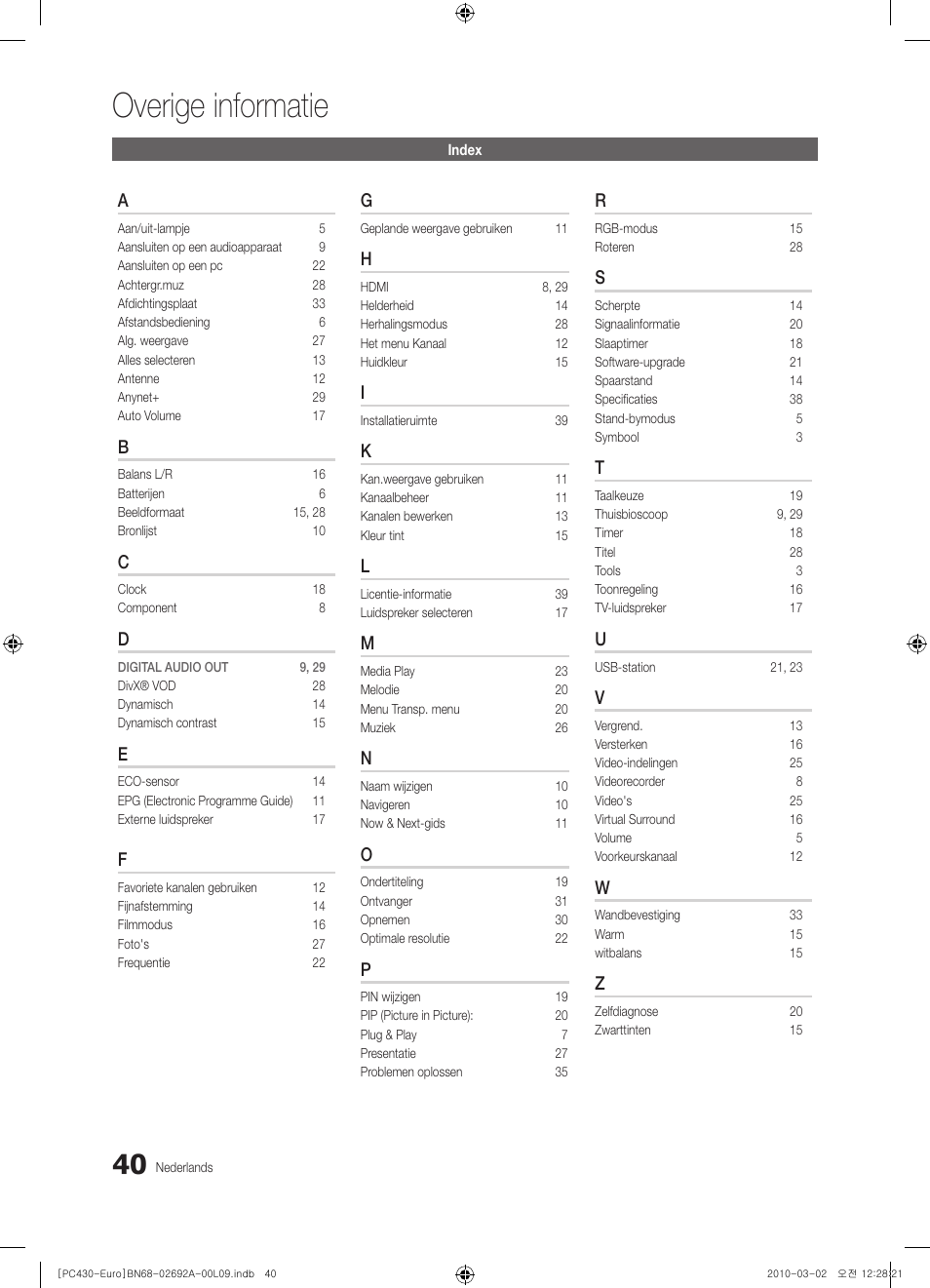 Overige informatie | Samsung PS50C430A1W User Manual | Page 160 / 361