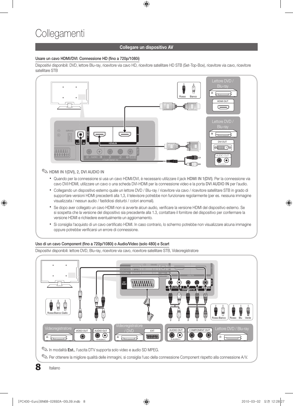 Collegamenti, Collegare un dispositivo av | Samsung PS50C430A1W User Manual | Page 168 / 361