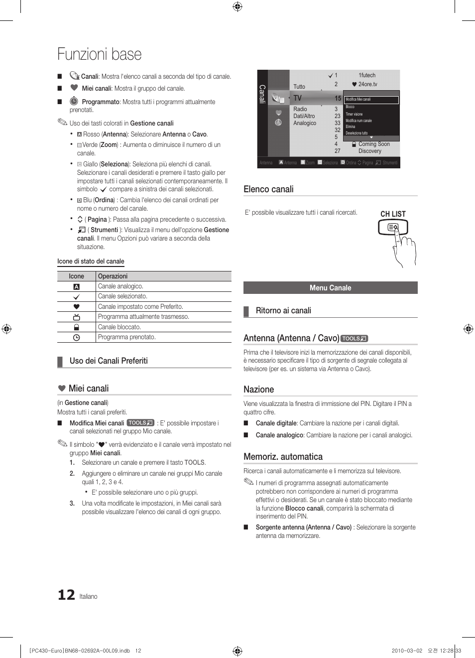 Funzioni base, Miei canali, Elenco canali | Antenna (antenna / cavo), Nazione | Samsung PS50C430A1W User Manual | Page 172 / 361