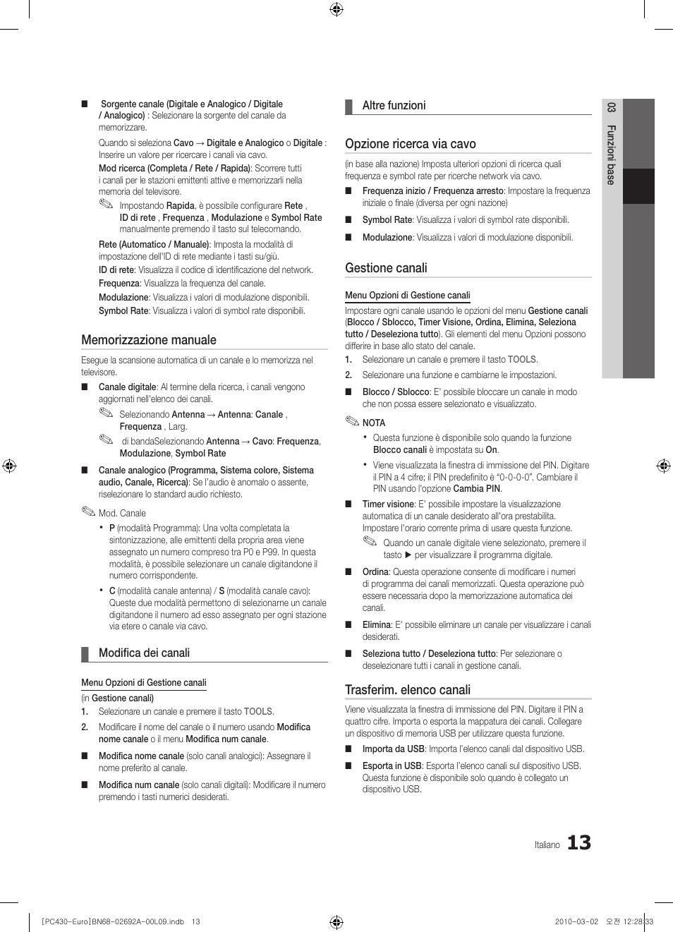 Opzione ricerca via cavo, Gestione canali, Trasferim. elenco canali | Samsung PS50C430A1W User Manual | Page 173 / 361