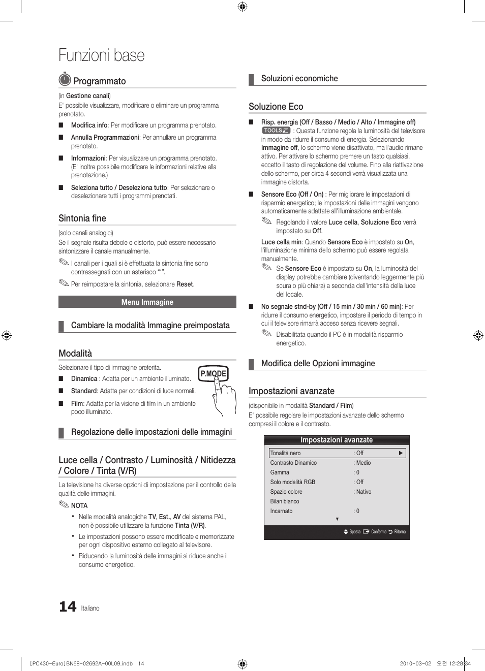 Funzioni base, Programmato, Sintonia fine | Modalità, Soluzione eco, Impostazioni avanzate | Samsung PS50C430A1W User Manual | Page 174 / 361