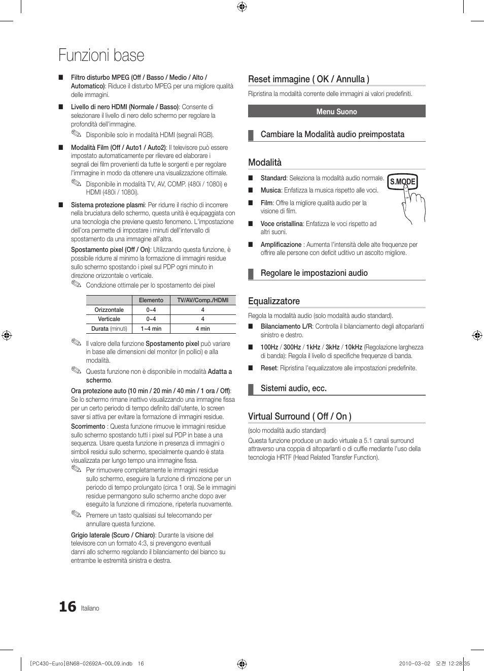 Funzioni base, Reset immagine ( ok / annulla ), Modalità | Equalizzatore, Virtual surround ( off / on ) | Samsung PS50C430A1W User Manual | Page 176 / 361