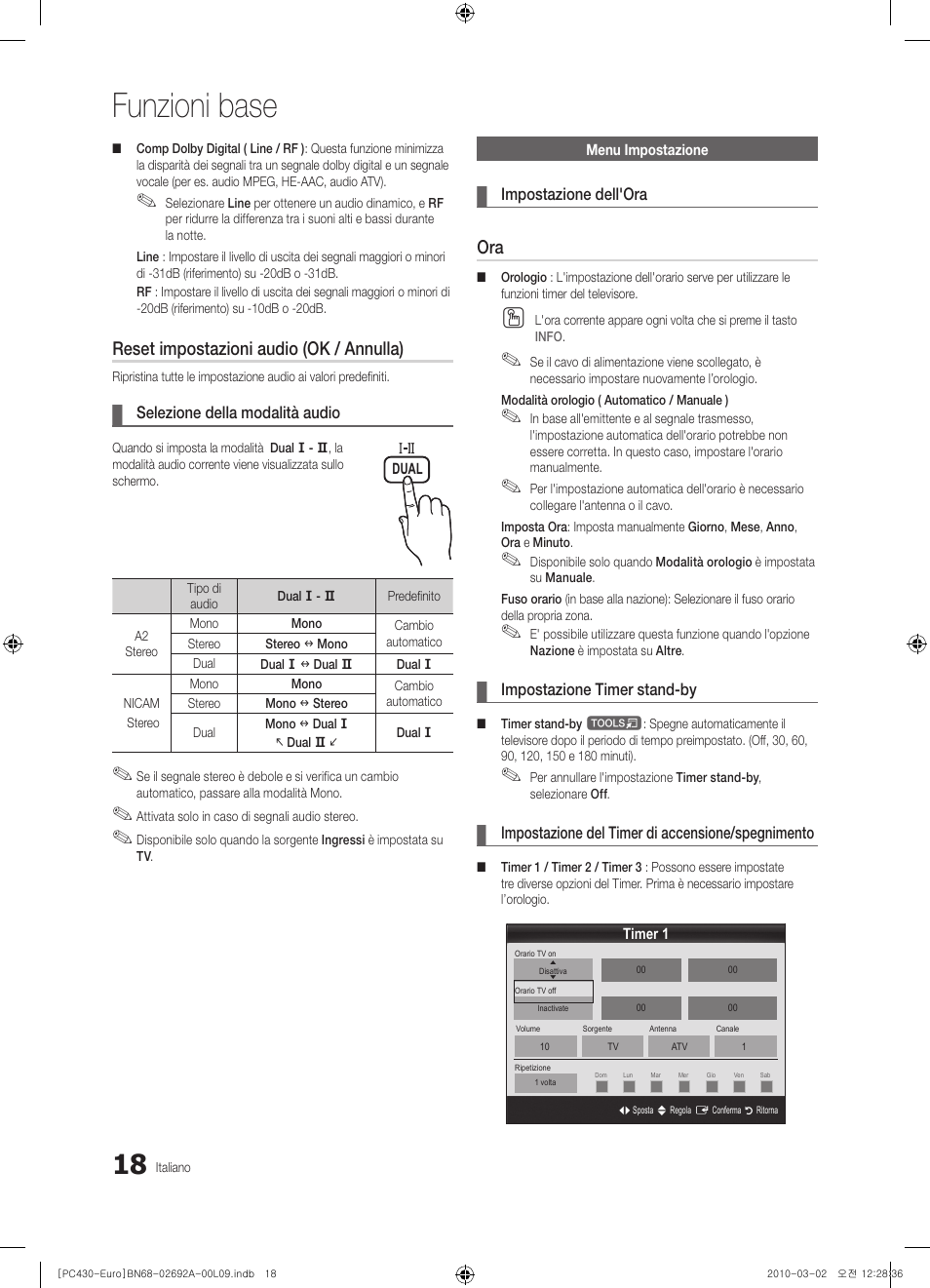 Funzioni base, Reset impostazioni audio (ok / annulla) | Samsung PS50C430A1W User Manual | Page 178 / 361