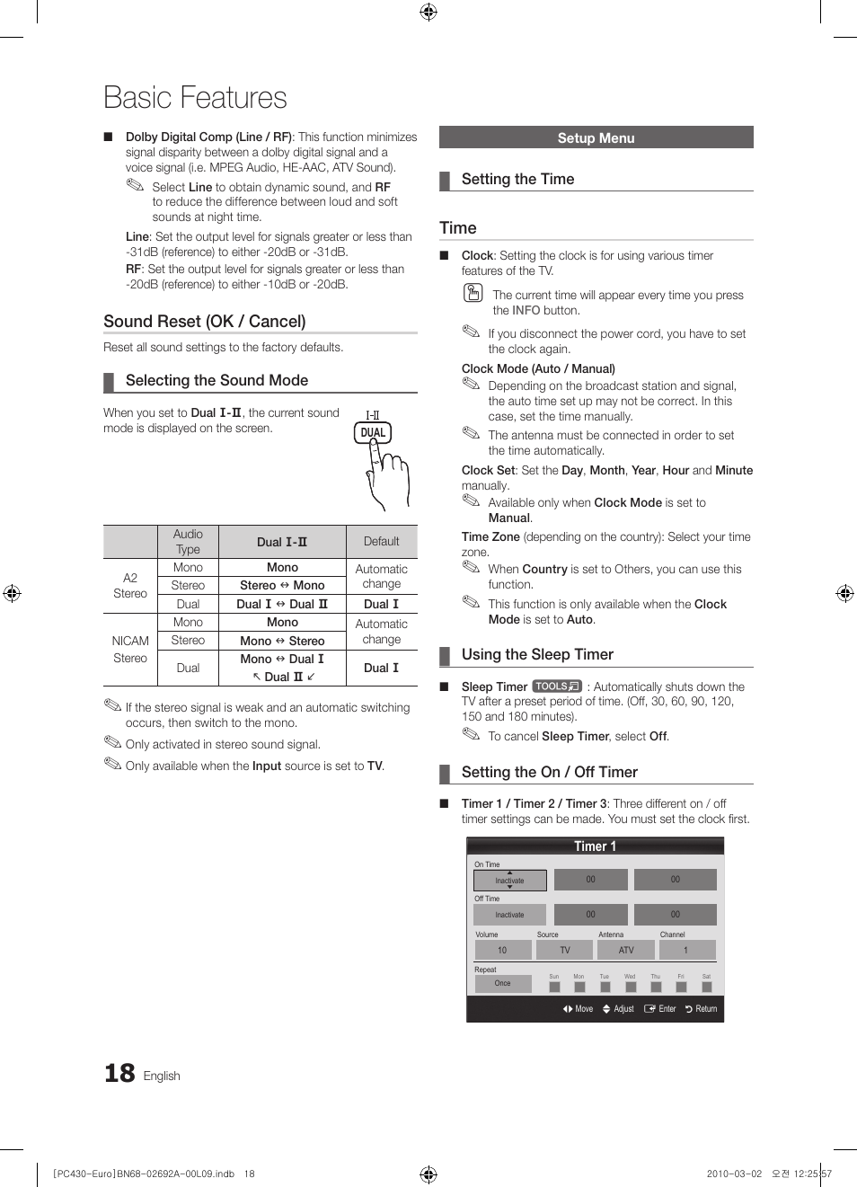 Setup menu, Basic features, Sound reset (ok / cancel) | Time | Samsung PS50C430A1W User Manual | Page 18 / 361