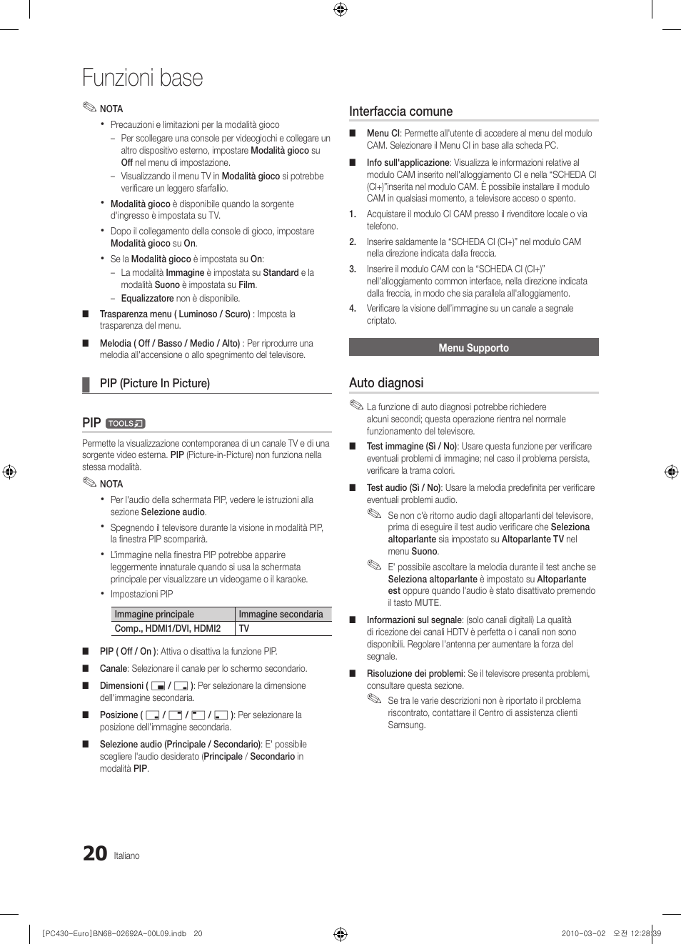 Funzioni base, Interfaccia comune, Auto diagnosi | Samsung PS50C430A1W User Manual | Page 180 / 361