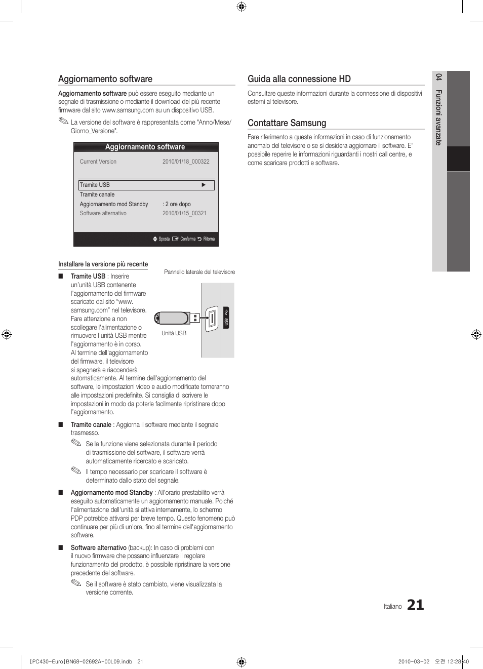 Aggiornamento software, Guida alla connessione hd, Contattare samsung | Samsung PS50C430A1W User Manual | Page 181 / 361