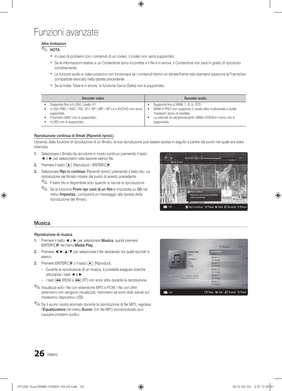 Funzioni avanzate, Musica | Samsung PS50C430A1W User Manual | Page 186 / 361