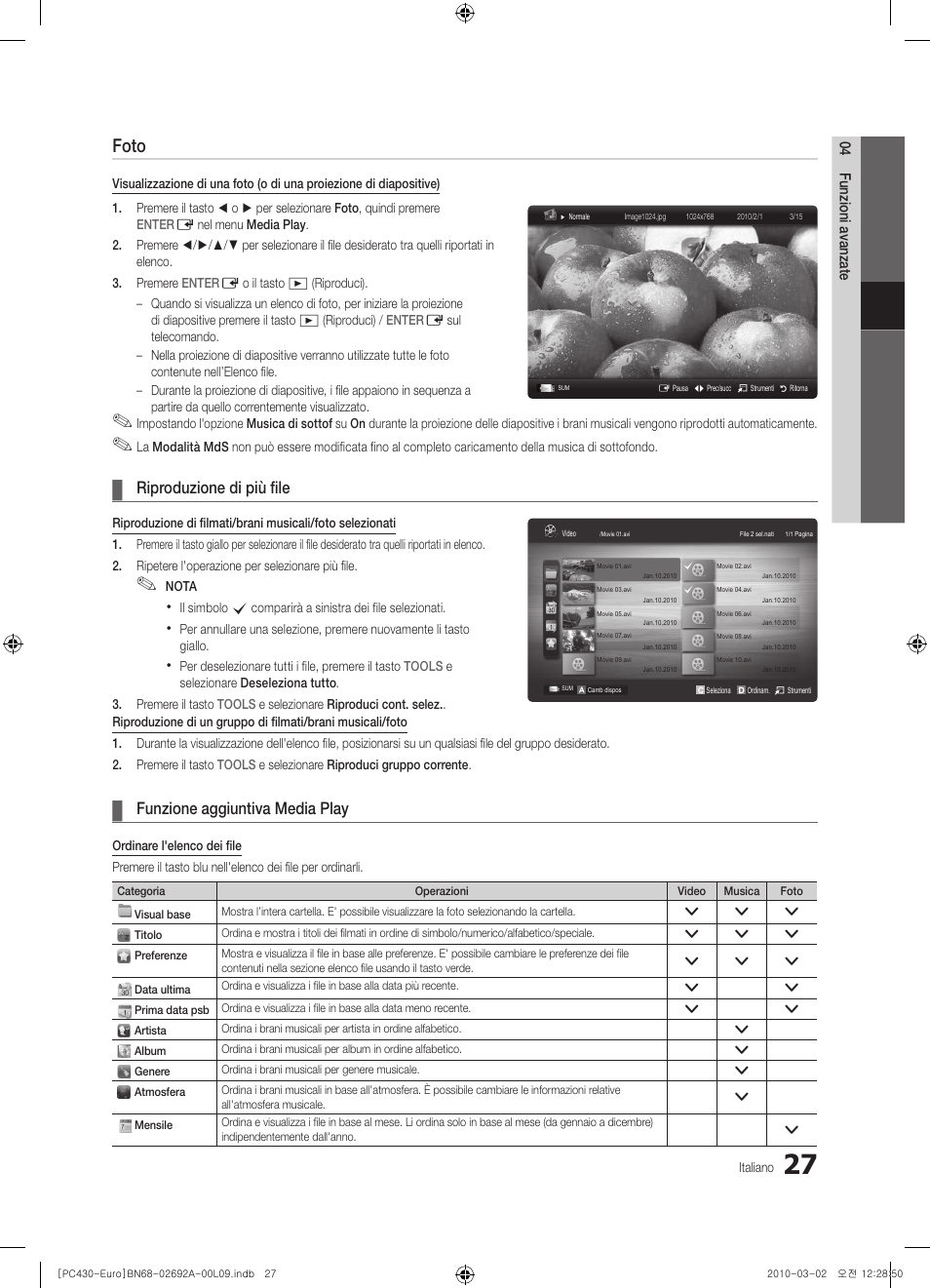 Foto, Riproduzione di più file, Funzione aggiuntiva media play | Samsung PS50C430A1W User Manual | Page 187 / 361