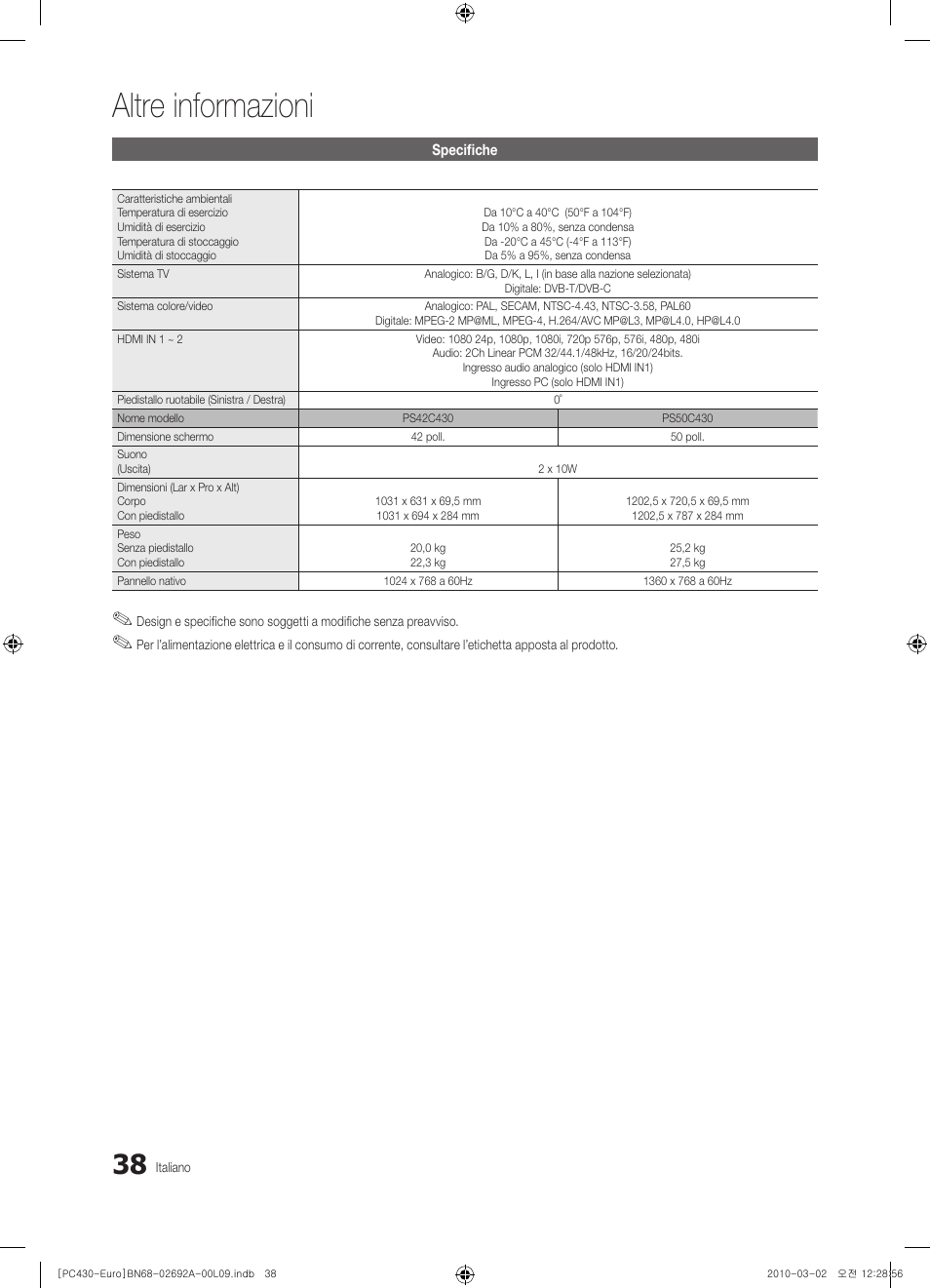 Altre informazioni | Samsung PS50C430A1W User Manual | Page 198 / 361