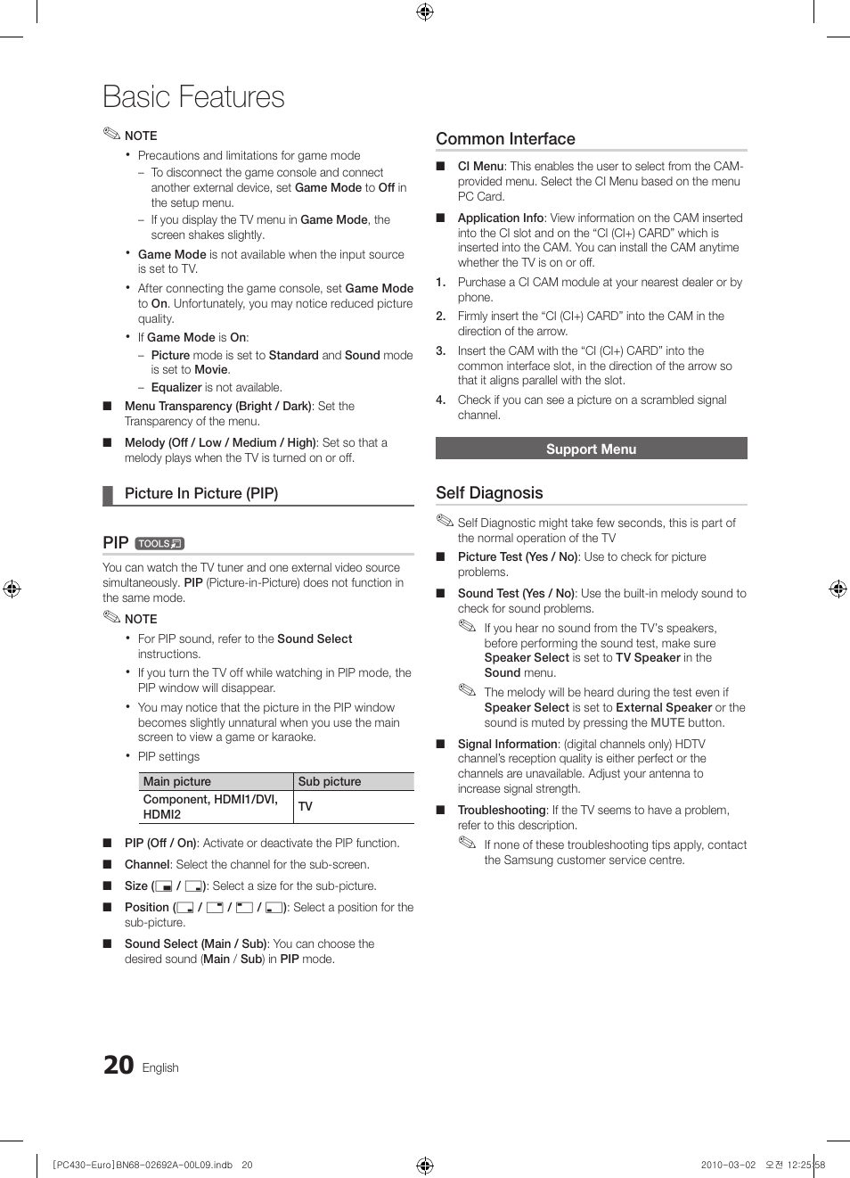 Support menu, Basic features, Common interface | Self diagnosis | Samsung PS50C430A1W User Manual | Page 20 / 361